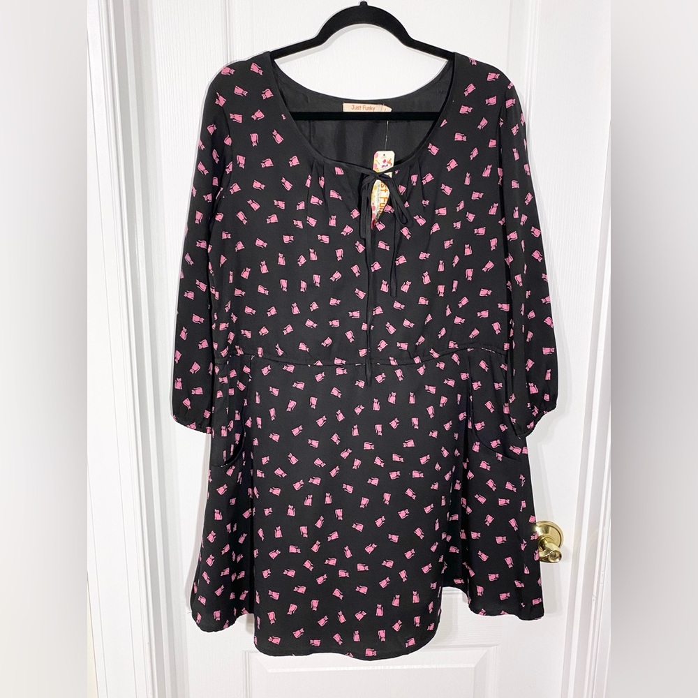 Just Funky CAT Print 3/4 Sleeve Tie Neck Mini Dress Pockets Black Pink L (FLAW)